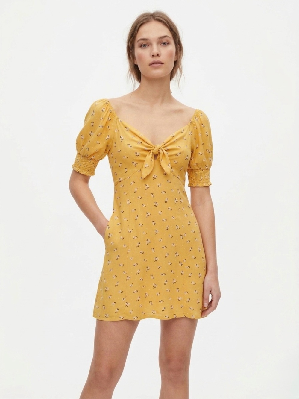 Mimi Chica Mustard Yellow Floral Tie-Front Puff Sleeve Mini Dress